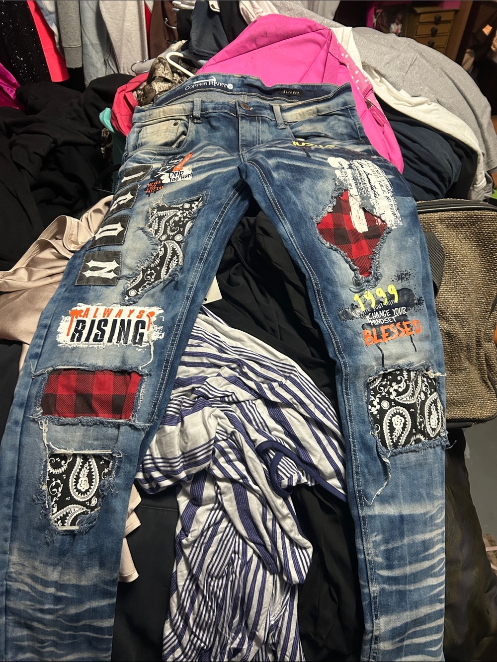 Men's Slim Patchwork Distressed Jeans - Blue with Red & Black Accents